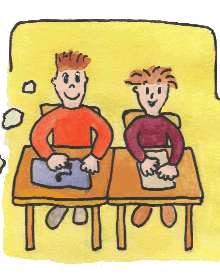 disegno di due bambini seduti in un banco