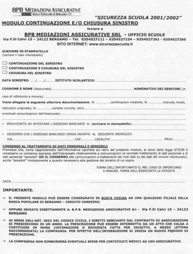 modulo continuazione e/o chiusura sinistro